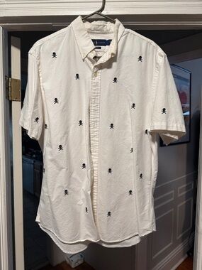 Polo by Ralph Lauren White Short-Sleeve Oxford Shirt with Black Skull Embroidery